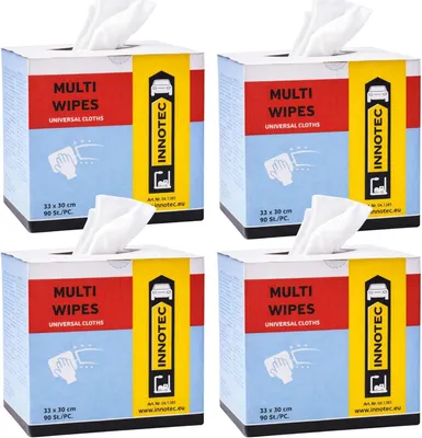 Immagine prodotto di 4 confezioni INNOTEC Multi Wipes da 90 pezzi – Salviette detergenti universali professionali, antilucido e resistenti allo strappo – Salviette per officine automobilistiche ideali per la lucidatura