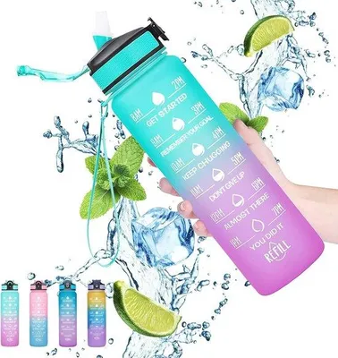 Produktbild von Famanu Sportwasserflasche mit Zeitmarkierung und Strohhalm - Lekfreie Wasserflasche für Sport und Outdoor