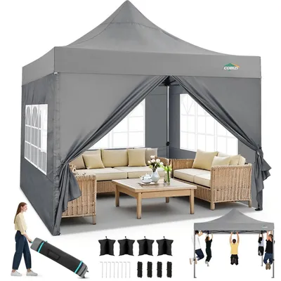 Produktbild von Faltpavillon 3x3m Wasserdicht mit Seitenwänden Grau Pop Up Gartenpavillon Winterfest mit Tragetasche