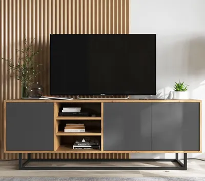 Produktbild von TV-Schrank Fernsehschrank Apollo Loft Style Dreitürig Modern Lindner Möbel  150cm x 53cm x 35cm Farbe: Wotan Eiche matt - graphit matt