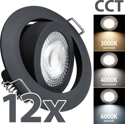 A close-up of a black LED recessed spotlight with multiple color temperature examples shown on the right side of the image. The number '12x' is prominently displayed in the bottom left corner.