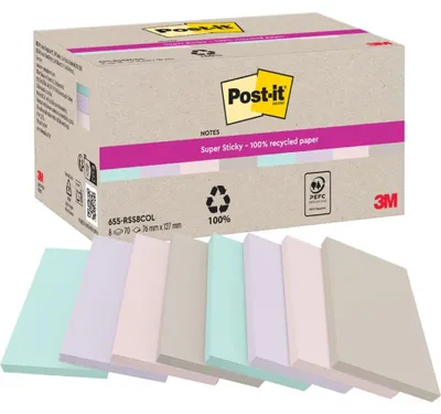Image de Post-it 655-RSS8COL - Notes autocollantes Post-it ultra-adhésives, recyclables, couleurs pastel