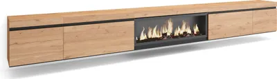 Image de COZY Meuble TV, Banc Télé, 368x35x45cm, Cheminée électrique XXL, Suspendu, Mural, Chêne