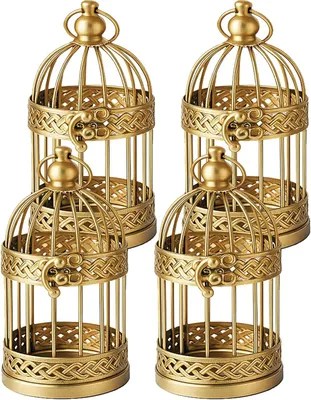 Productafbeelding van Decoratieve Lantaarns - Kaarsenhouder Vogelkooi - Woondecoratie - Vogelkooi Stijl - Set van 4 - Goud