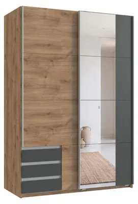 Produktbild von Schwebetürenschrank 2-trg Kleiderschrank 135 cm Eiche Nachbildung Grafit Schubladen Spiegel / 22678
