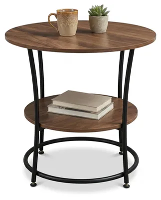 Produktbild von Relaxdays Beistelltisch, 2 Ablagen, HxD: 55 x 55 cm, Holzoptik & Metall, Sofatisch, runder Couchtisch, braun/schwarz, KI-generiertes Bild