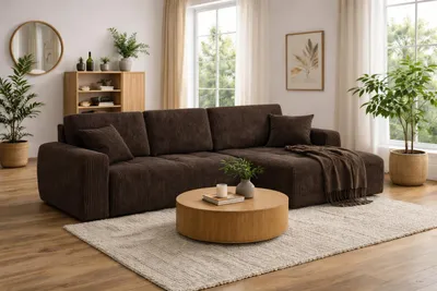 Image de Canapé d'angle avec fonction couchage et coffre de rangement, forme en L, Ivo XL, tissu velours Poso, marron, ? droite