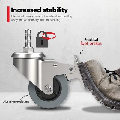 Obrázek produktu pro Sada 4 nábytkových koleček 50 mm se šroubovým čepem 10 mm x 25 mm – odolná kolečka s brzdami do 30 kg na jedno kolečko – otočná kolečka pro vnitřní i venkovní použití – otočná kolečka vhodná pro různé typy podlah
