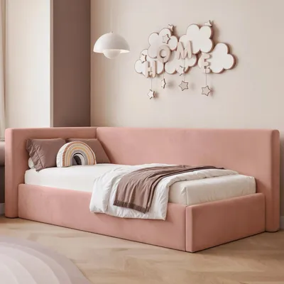 Produktbild von Eckbett Jugendbett Sampre 100x200 cm Rosa Links Velvet – Bettkasten, Metalllattenrost