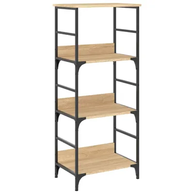 A tall, narrow bookshelf with four shelves, made of wood-look material and black metal framing, shown against a white background.