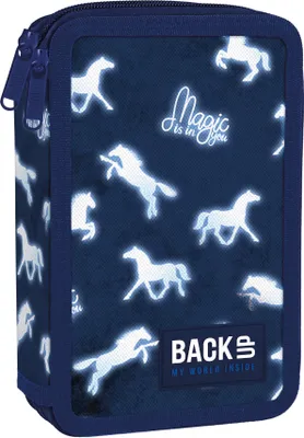 Produktbild von Pferde 2 - Fach Federtasche gefüllt Federmäppchen Federmappe Pony dunkelblau