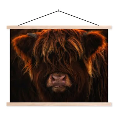 Produktbild von MuchoWow® Textilposter Schottischer Highlander - Kuh - Schwarz - Porträt 40x30 cm mit holzfarbenen Rahmen - Bilder