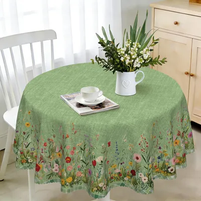 Productafbeelding van Ronde tafelkleed, diameter 160 cm, weerbestendig, afwasbaar, polyester, groene bloemen, geschikt voor buiten
