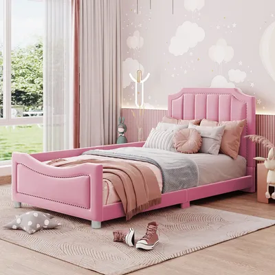 Obrázek produktu pro Flieks čalouněná postel 90x200cm s roštovým rámem, dětská postel pro mládež s ochranou proti vypadnutí, rozkládací jednolůžko, samet, růžová barva