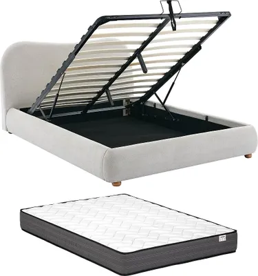 Produktbild von Bett mit Bettkasten - 160 x 200 cm - Stoff - Beige + Matratze - VANARI