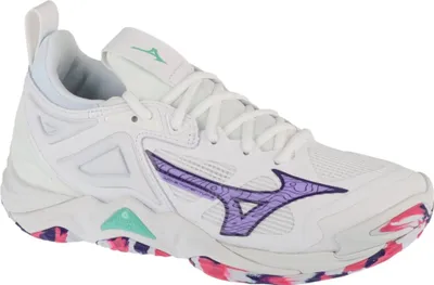 A single white volleyball shoe with purple and pink accents is shown from a side-diagonal angle against a white background.