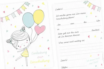 Produktbild von 10 Einladungskarten zur Einschulung Mädchen mit Luftballons mit GLITZER inkl. 10 transparenten Briefumschlägen