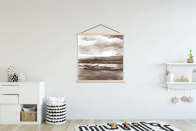 Produktbild von MuchoWow® Textilposter Boot - Meer - Schwarz - Weiß 120x120 cm mit holzfarbenen Rahmen - Textil-Poster