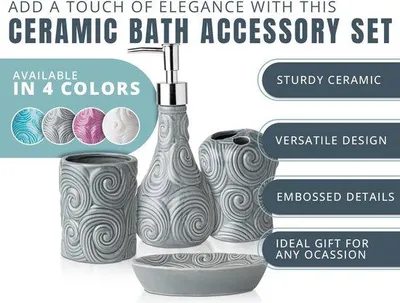 Produktbild von Famanu Badezimmer Accessoires Set 4-teilig - Keramische Badset mit Seifenspender, Zahnbürstenhalter, Becher und Seifenschale