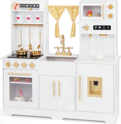 A white wooden toy kitchen with gold accents, featuring a sink, faucet, stove, oven, microwave, and refrigerator dispenser.