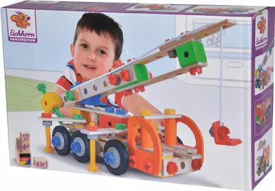 Produktbild von Eichhorn Constructor Kranwagen 100039094 - ab 6 Jahren - 170 Teile - 4 Modellvarianten: Kranwagen, Jeep, LKW-Kipper und Abschleppwagen