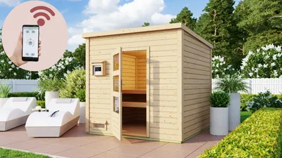 Produktbild von Karibu Saunahaus Außensauna Gartensauna Pepe 4 + 9kw Ofen und HUUM WIFI Steuergerät Sparset 231 x 231 cm Farbe: Naturbelassen