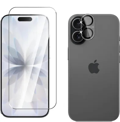A screen protector and a camera lens protector are shown next to a smartphone.