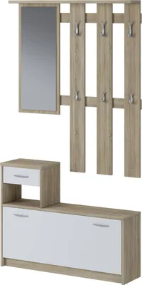 Produktbild von Eingangsmöbel Dbiagin, Moderner Eingang, Schrank mit Schuhregal, Mehrzweckgarderobe mit Spiegel und Kleiderbügel, 100x25h180 cm, Eiche und Weiß