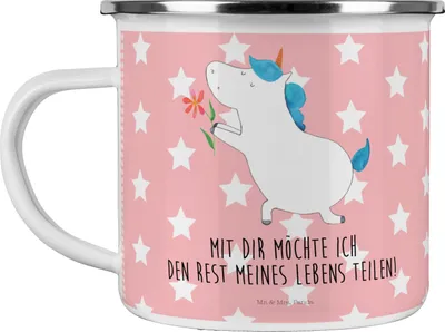 Produktbild von Mr. & Mrs. Panda Pott Einhorn Blume - Rot Pastell - Geschenk, Motivtasse, Tasse Emaille, Unicorn, Becher, Freundin, Ehepaar, Liebe, Einhörner, Teetasse