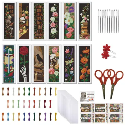 Produktbild von Kreuzstich Lesezeichen Set 12 Stück Blumen & Skelett Muster mit Anleitung & Filz