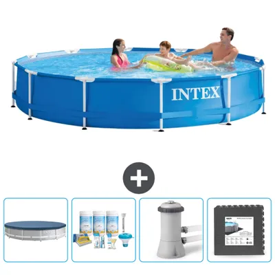 Produktbild von Intex-Schwimmbecken mit rundem Rahmen – 366 x 76 cm – Blau – im Lieferumfang enthalten Abdeckung - Wartungspaket - Filterpumpe für Schwimmbad - Bodenfliesen
