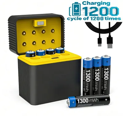 Image de Piles rechargeables AA au lithium, lot de 8 piles AAA au lithium de 1,5 V avec chargeur, plus de 1 200 cycles et une capacité réelle élevée de 1 300 mAh. Piles rechargeables AA au lithium-ion