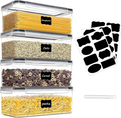 Produktbild von 4er-Set BPA-freie Aufbewahrungsboxen 3,2 L, luftdicht stapelbar, spülmaschinenfest mit Deckel, Kreidemarker & Etiketten für Küche, Vorrat, Pasta