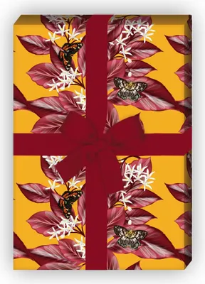 Produktbild von Elegantes Geschenkpapier mit Pflanzen Streifen und Schetterlingen, gelb - G8245, 32 x 48cm