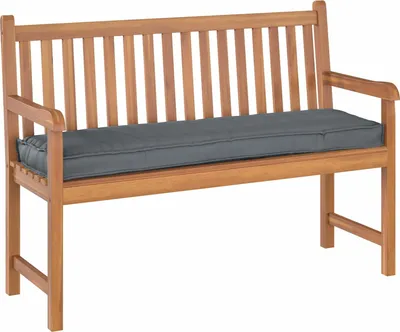 A wooden bench with a gray cushion on a white background.