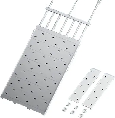 A product shot of an expandable shelf unit and its components on a white background.