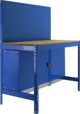 Produktbild von PROREGAL Werkbank BUFFALO mit Werkzeugwand und Schrank | HxBxT 84x90x61cm | Traglast 400kg | Blau