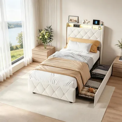 Produktbild von INONEFT Boxspringbett Polsterbett 90x200 mit LED & USB/C,Einzelbett Bett mit 2 Schubladen und Lattenrost,Bettgestell mit Stauraum-Kopfteil,Samt Beige