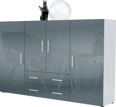 Produktbild von Vladon Highboard Nora Anrichte mit 2 Schubladen und 4 Türen mit insgesamt 8 Fächer dahinter, Weiß matt/Grau Hochglanz (166,5 x 106,5 x 35 cm)
