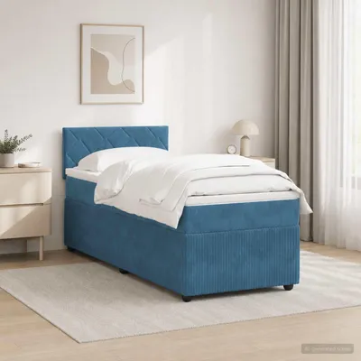 Image de Lit boxspring avec matelas et tête de lit bleu, dimensions 90 x 190 cm, revêtement en velours