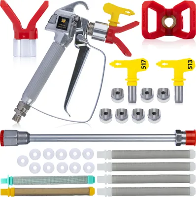Obrázek produktu pro Rosfix Sada – Stříkací Pistole na Barvu Včetně 2 Trysek 517 a 513 | Maximální Tlak 248 Barů, Závit 1/4”, 7/8” | Pro Graco, Wagner a Další