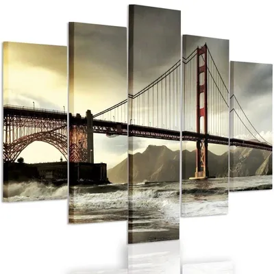 Produktbild von 5-teiliges leinwandbild brücke über den fluss 200x100 cm Feeby braun wandbild bereit zum aufhängen