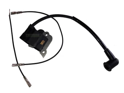 A black ignition coil with wires and connectors, isolated on a white background.