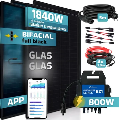 Produktbild von SUNNIVA 1840W Balkonkraftwerk BIFAZIAL FULLBLACK komplett Steckdose AP Systems EZ1-M 800W Wechselrichter, Solaranlage 4x460W Glas Solarmodule,5m Kabel