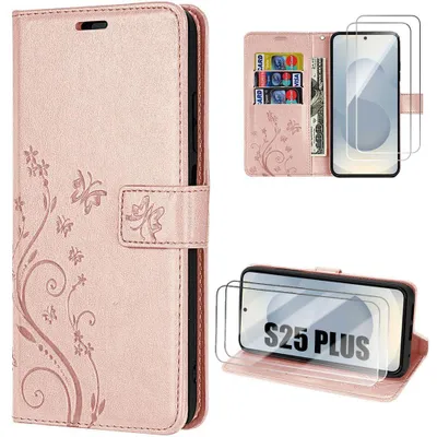 Image de Coque + 2 Verres Trempés pour Samsung Galaxy S25 Plus (S25+) Protection Antichoc Synthécuir Rose Motif Papillon Fleur