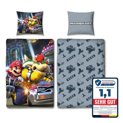 Produktbild von Super Mario Bettwäsche Set 2-teilig 135x200 80x80 cm aus 100% Baumwolle mit Reißverschluss, Kinderbettwäsche Mario Kart Motiv
