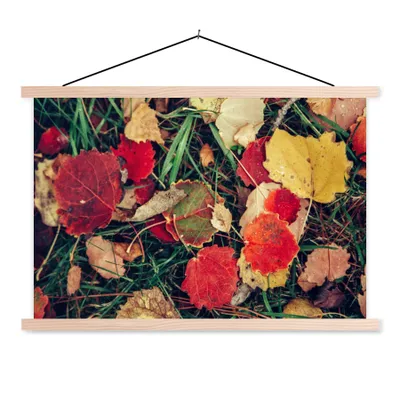 Produktbild von MuchoWow® Textilposter Blätter - November - Herbst - Natur 120x80 cm mit holzfarbenen Rahmen - Aufhängeset