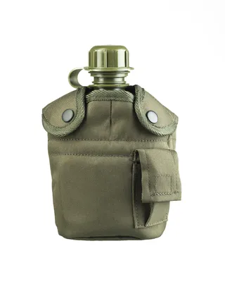 A military-style water bottle with a fabric cover and a small pouch.
