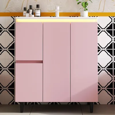 Produktbild von Flieks Badezimmerwaschtisch mit LED-Radarsensorleuchte, Soft-Close-Scharniere, integriertes Waschbecken, Holzschrank, Waschtisch, Rosa