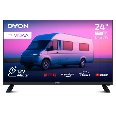 A marketing image for a DYON Smart TV, featuring a van on the screen and various app logos at the bottom.